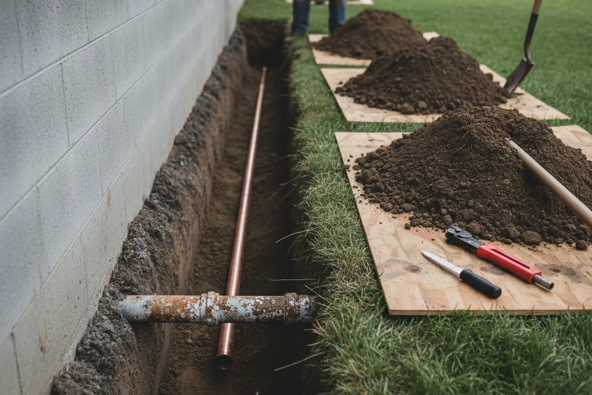 Excavated water line trench during Water Heater Repair in Purchase